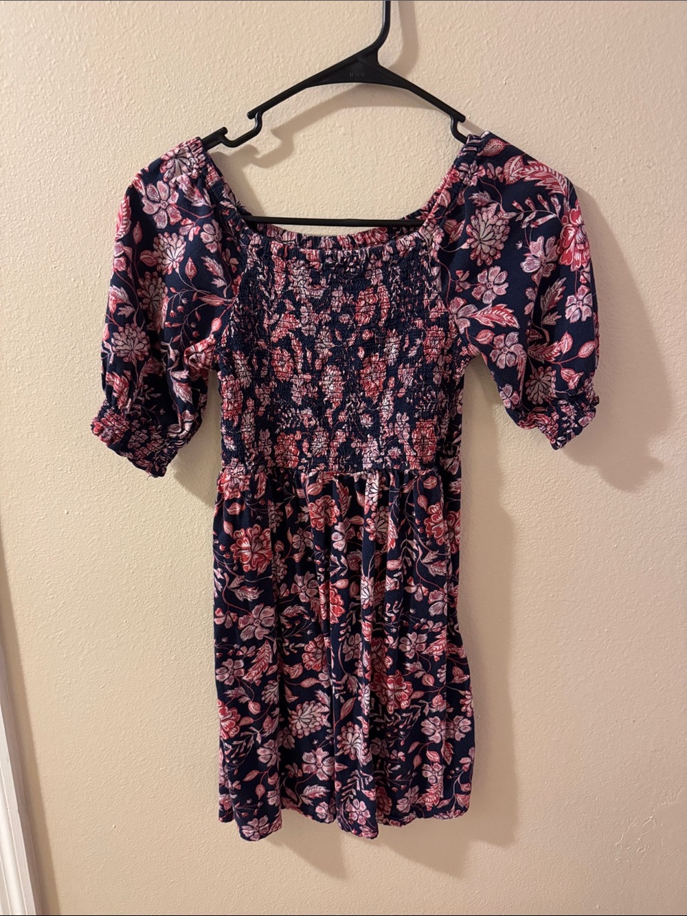 Old Navy Navy and Pink Floral Smocked Puff-Sleeve Dress